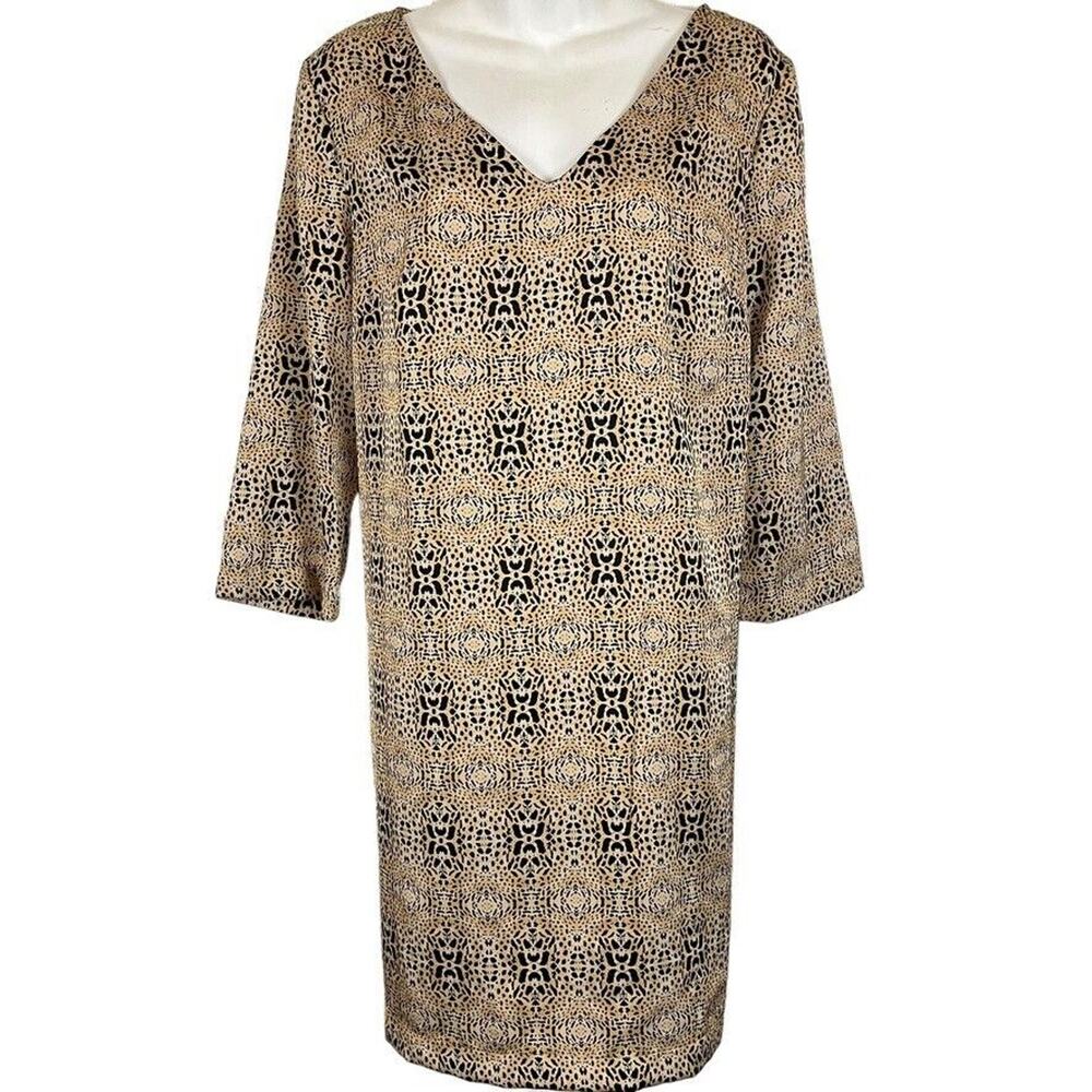 MNG by Mango Womens Animal Print Cheetah V-Neck Shift 3/4 Sleeve Dress sz 10